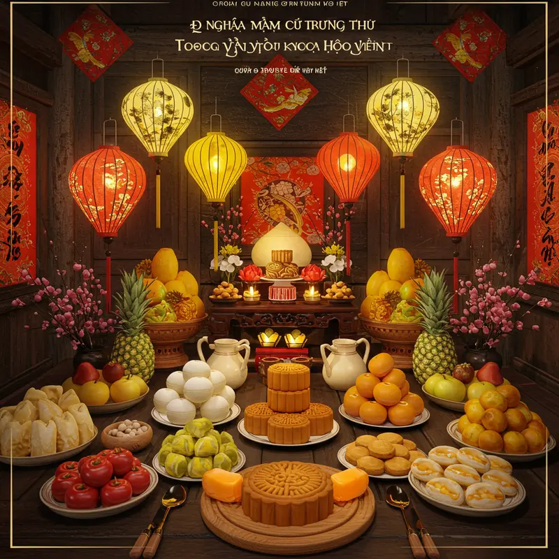 Mâm cỗ Trung Thu truyền thống với bánh nướng, bánh dẻo và hoa quả tươi ngon