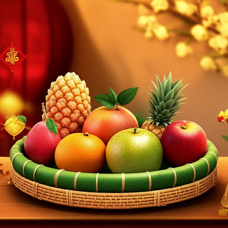 Hình ảnh chi tiết một mâm ngũ quả sang trọng với nền truyền thống.