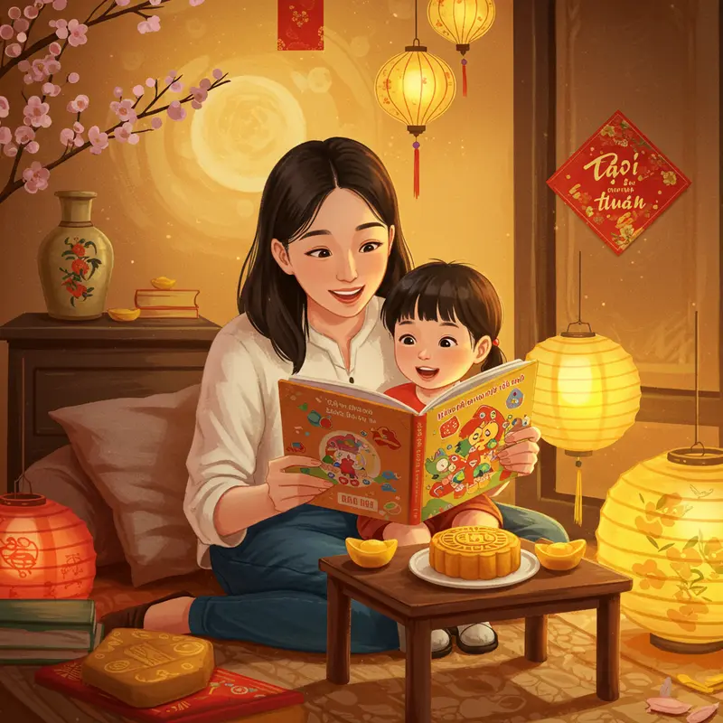 Trẻ em rước đèn trong Tết Trung Thu truyền thống dưới ánh trăng tròn.