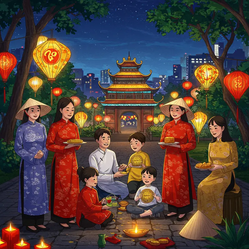 Gia đình người Việt đón Tết Trung Thu tại công viên nước ngoài với đèn lồng và bánh Trung Thu.