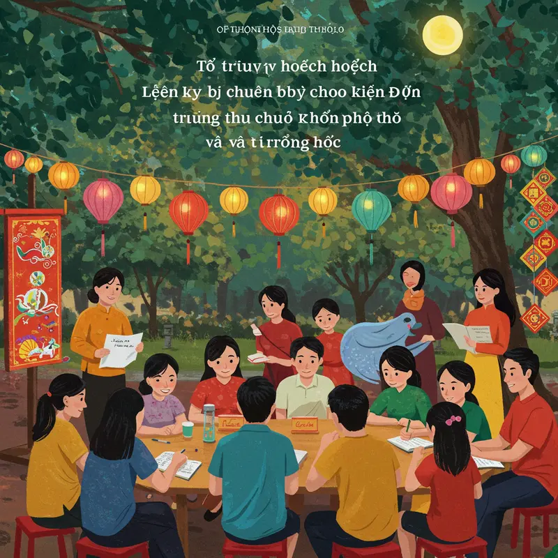 Buổi họp lập kế hoạch tổ chức rước đèn Trung Thu tại khu phố với sự tham gia của phụ huynh và giáo viên.