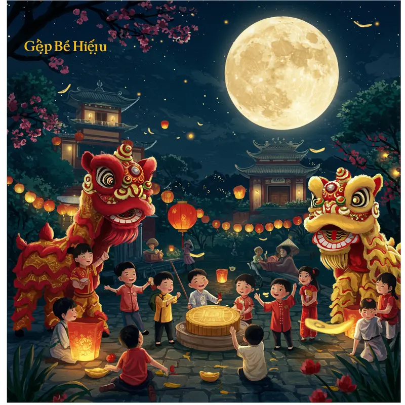 Trẻ em và gia đình vui Tết Trung Thu ban đêm với đèn lồng sáng, múa lân và bánh Trung Thu dưới ánh trăng tròn