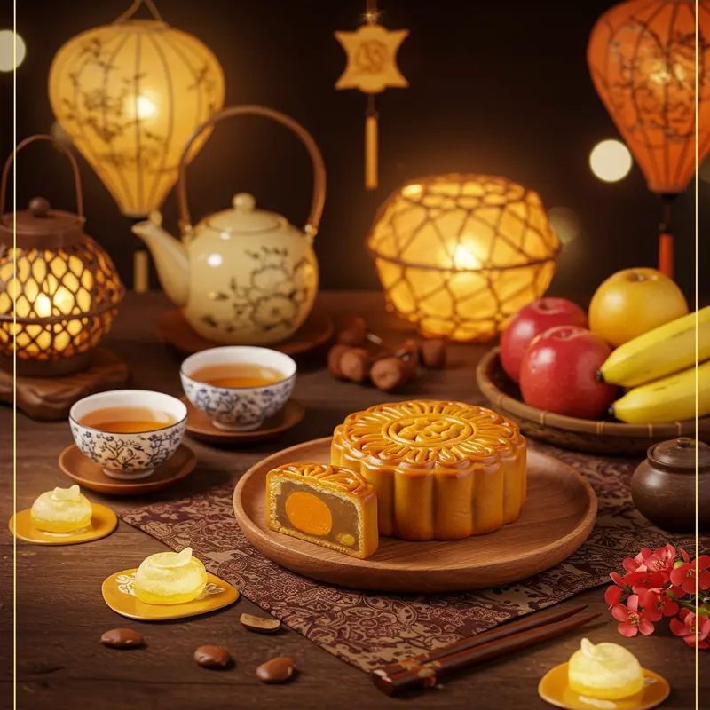 Ảnh gần bánh Trung Thu với ánh đèn lồng lung linh và trang trí Tết Trung Thu truyền thống.