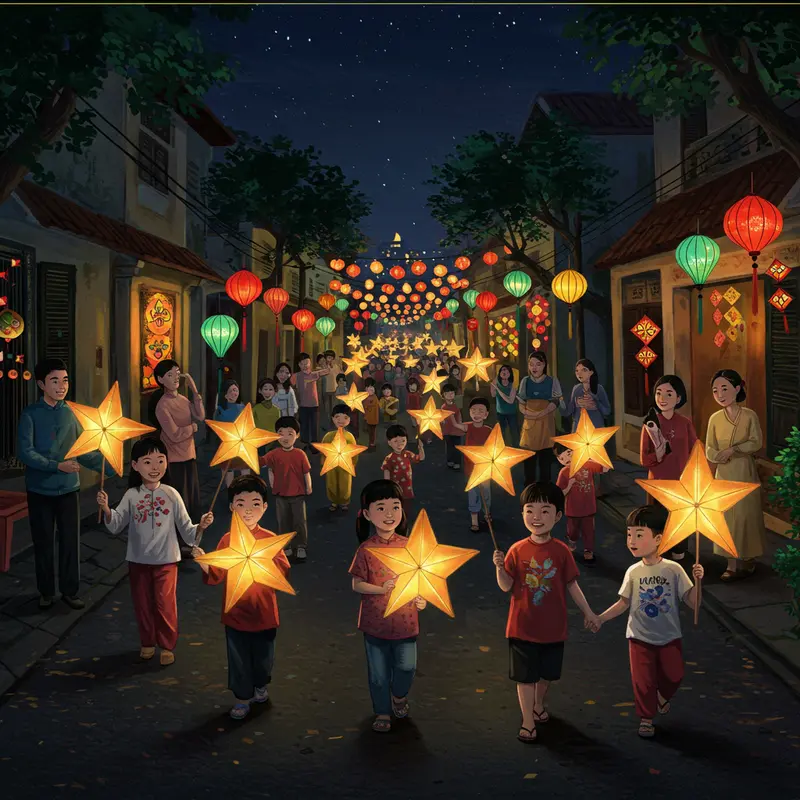 Trẻ em cầm đèn ông sao sáng rực diễu hành trên phố với người xem và trang trí đầy màu sắc