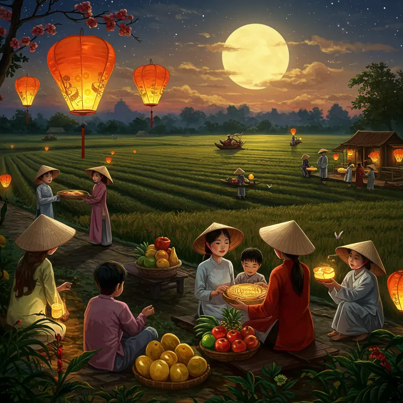 Bình minh trăng trên cánh đồng lúa truyền thống Việt Nam.