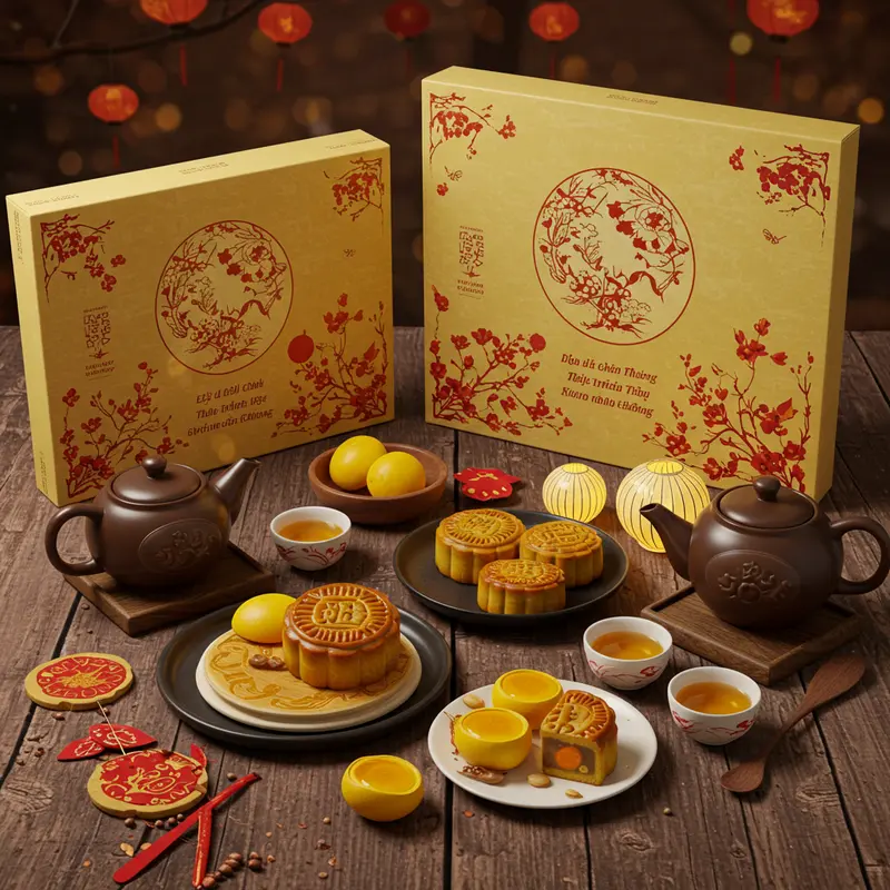 Bộ quà Trung Thu gồm bánh trung thu, trà và đèn lồng được sắp đặt hài hòa trên bàn gỗ với ánh sáng tự nhiên nhẹ nhàng.