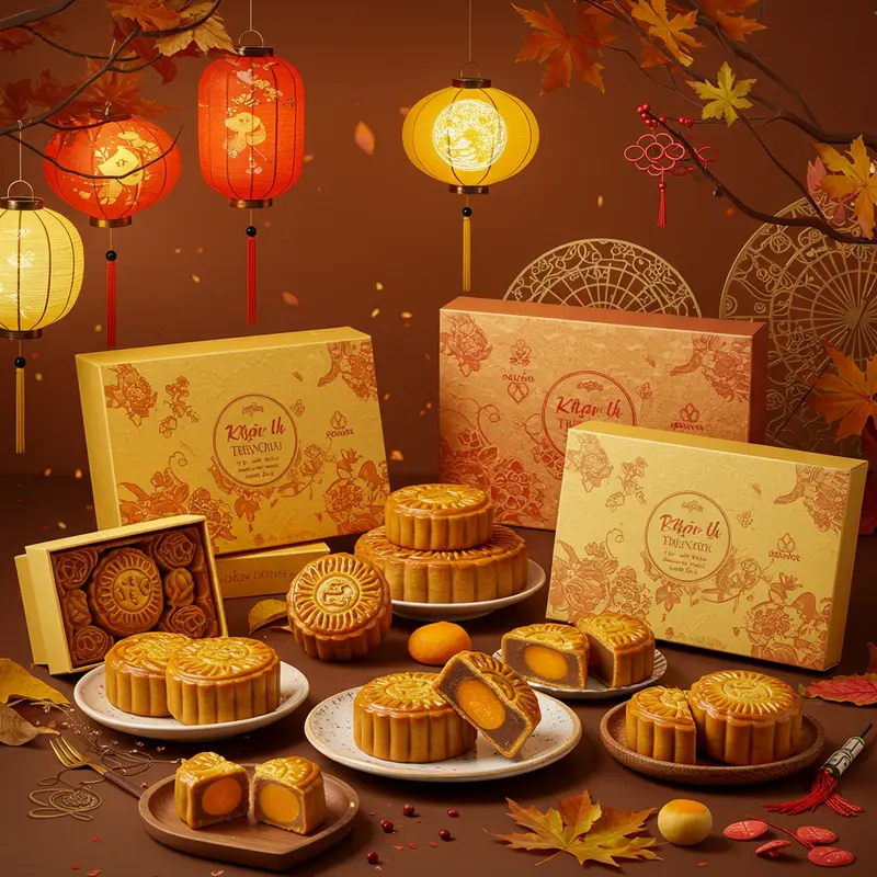 Hộp bánh Trung Thu sang trọng được bày biện đẹp mắt bên đèn lồng truyền thống và lá thu thể hiện không khí lễ hội.