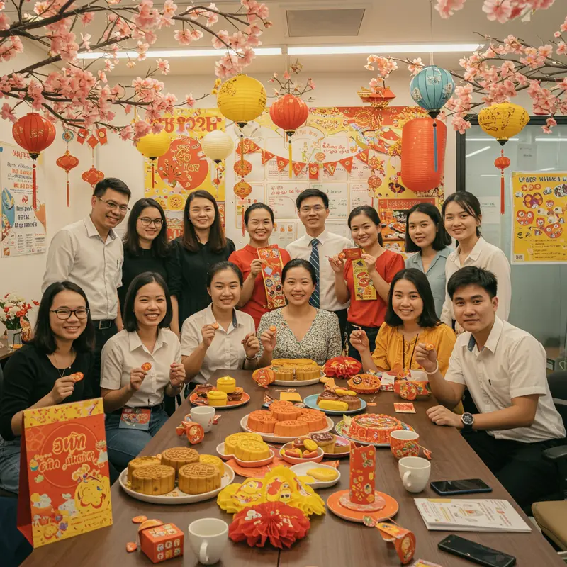 Văn phòng được trang trí Trung Thu với bánh, lồng đèn và nhân viên vui vẻ tụ họp, tạo không khí đầm ấm.