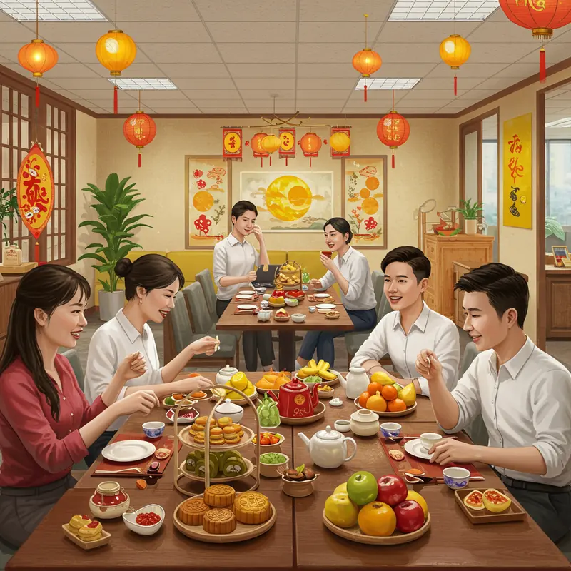 Nhân viên công sở tổ chức hoạt động team building trong không khí Trung Thu vui tươi.