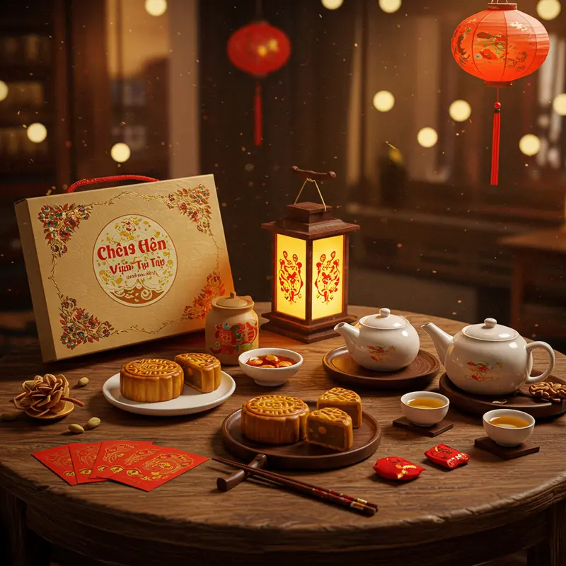 Bộ quà Trung Thu truyền thống với bánh trung thu, phong bao đỏ và đèn lồng.