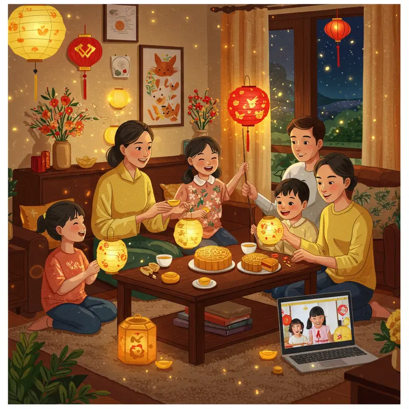 Gia đình cùng đón Tết Trung Thu trong phòng khách với đèn lồng, bánh và laptop kết nối video