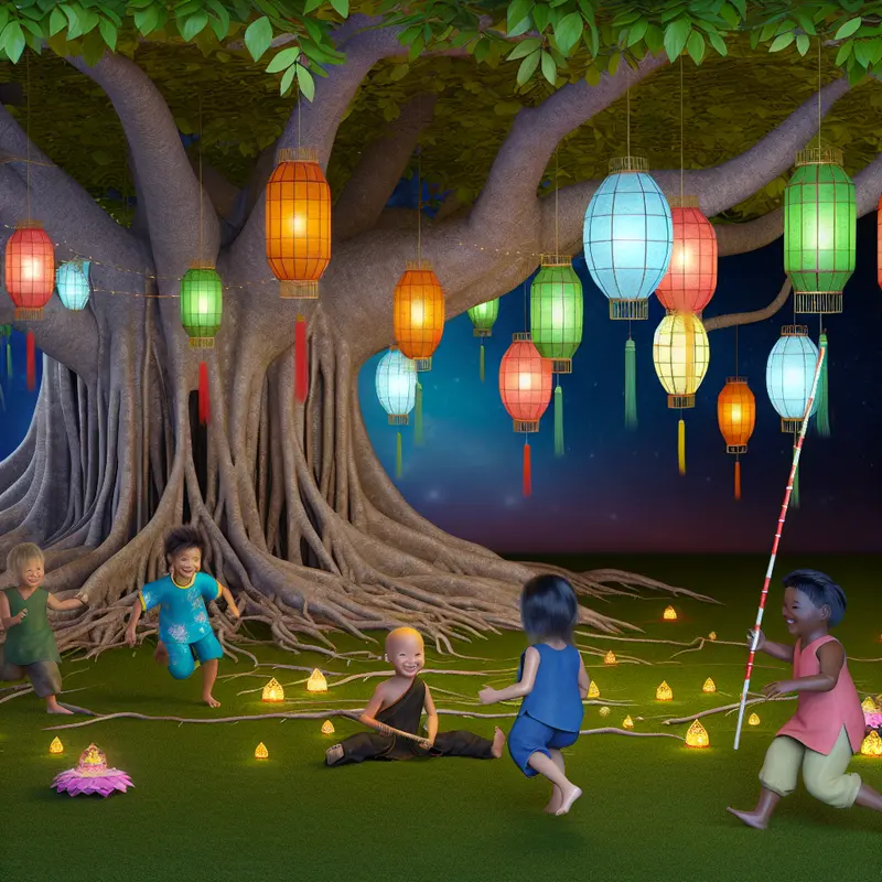 Cảnh làng quê Việt Nam cổ xưa dưới ánh trăng rằm.