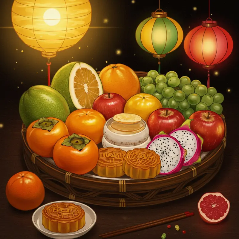 Mâm cỗ Trung Thu với các loại trái cây như bưởi, hồng, thanh long, táo và bánh trung thu, ánh sáng đèn lồng ấm áp.