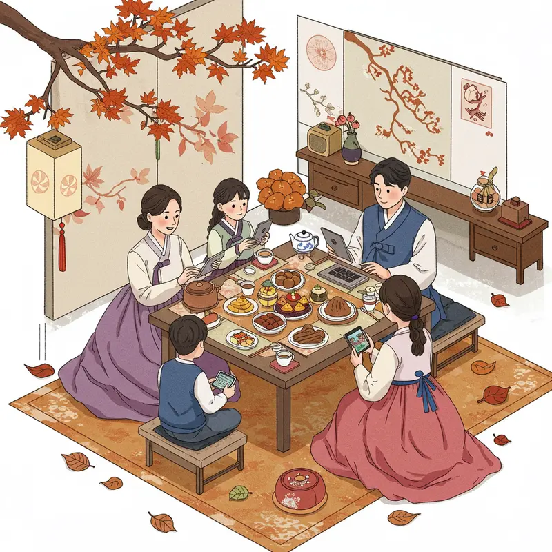 Gia đình Hàn Quốc thực hiện nghi lễ tổ tiên trong ngày Chuseok bên khung cảnh mùa thu.