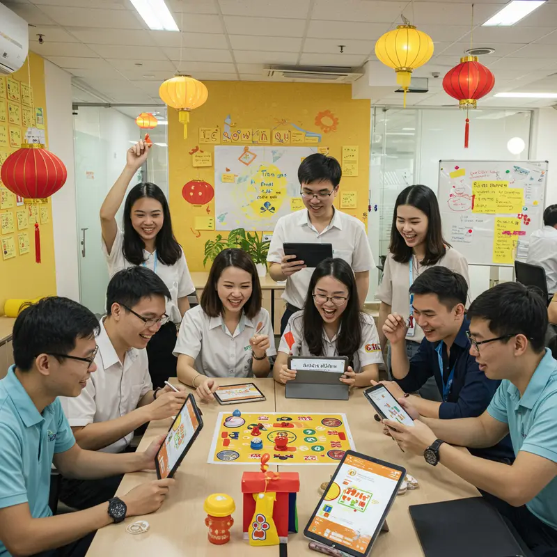 Nhân viên công sở tổ chức hoạt động team building trong không khí Trung Thu vui tươi.