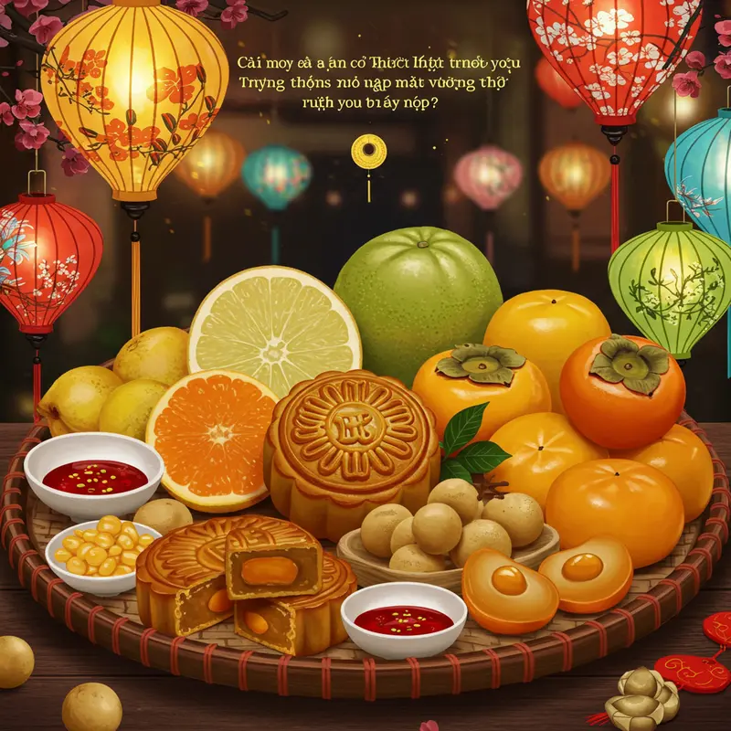 Mâm cỗ Trung Thu truyền thống với bánh nướng, bánh dẻo và hoa quả tươi ngon