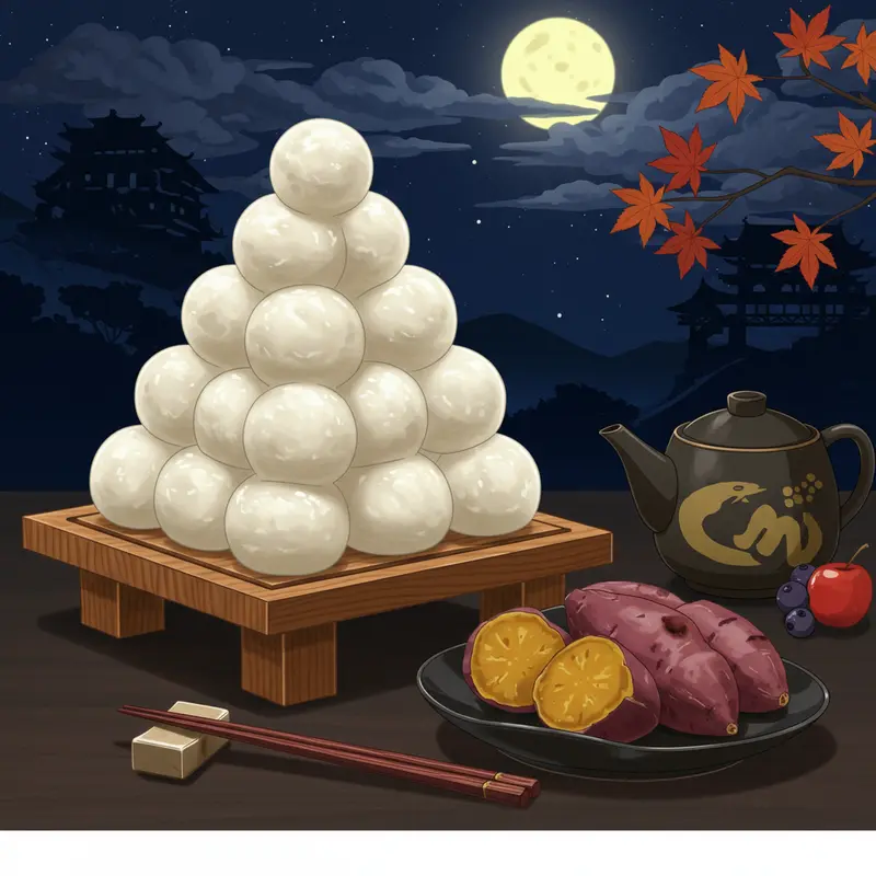 Phong cảnh truyền thống lễ hội Tsukimi với trăng tròn, cỏ lau và bánh dango.