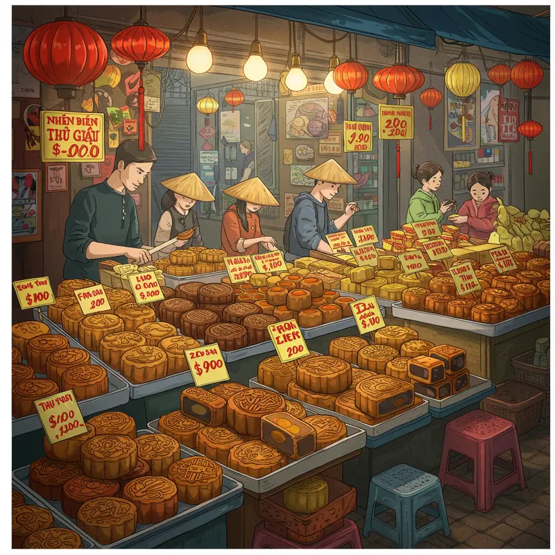 Bao bì bánh Trung Thu với tem nhãn và mã QR dùng để kiểm tra nguồn gốc sản phẩm.