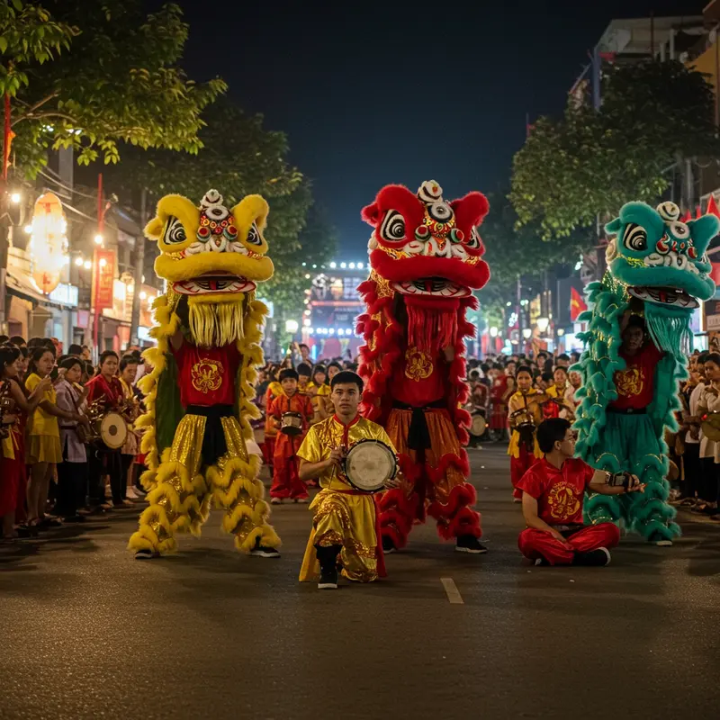 Múa lân truyền thống Việt Nam biểu diễn trong lễ hội sôi động.