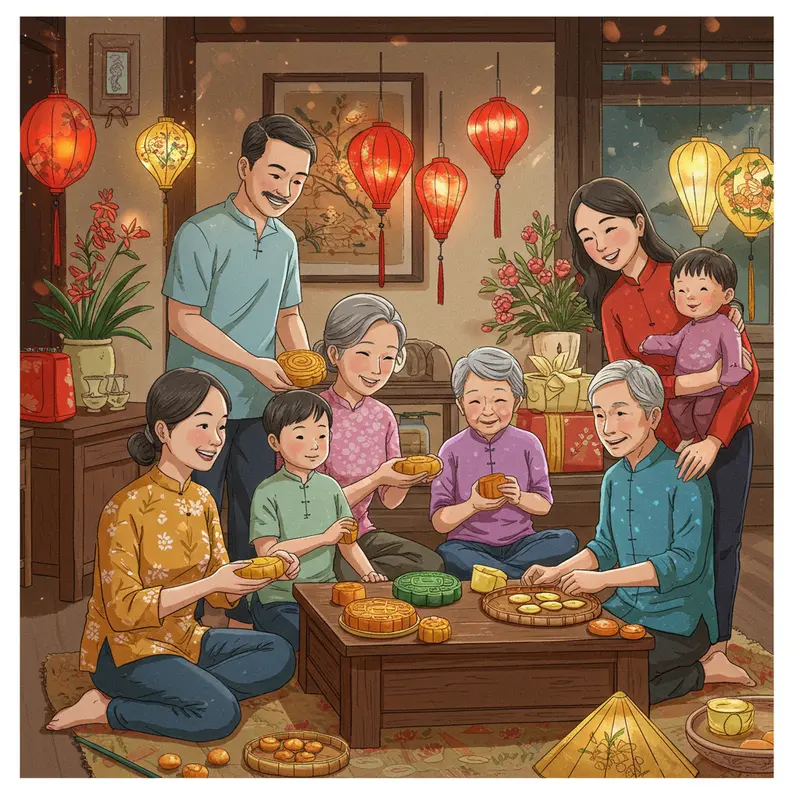 Gia đình Việt Nam vui Tết Trung Thu với đèn lồng và bánh Trung Thu trong không gian ấm áp
