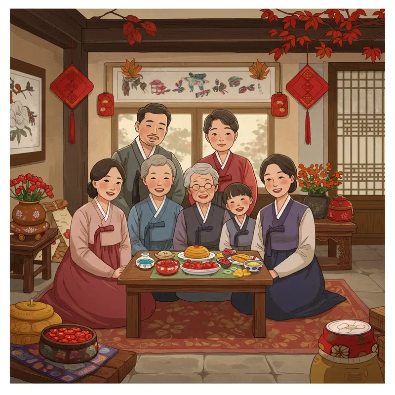 Gia đình Hàn Quốc thực hiện nghi lễ tổ tiên trong ngày Chuseok bên khung cảnh mùa thu.