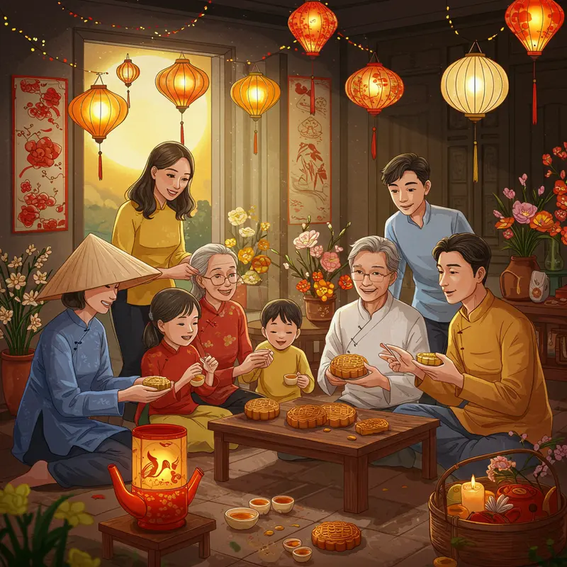 Gia đình Việt Nam đón Tết Trung Thu bên ánh trăng tròn với đèn lồng và bánh trung thu truyền thống.