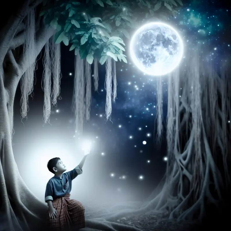 Cảnh làng quê Việt Nam cổ xưa dưới ánh trăng rằm.