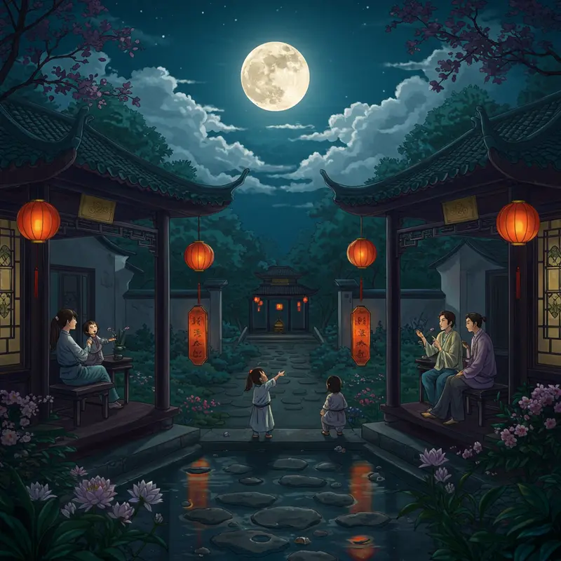 Ngôi làng Trung Quốc truyền thống dưới ánh trăng tròn rằm.