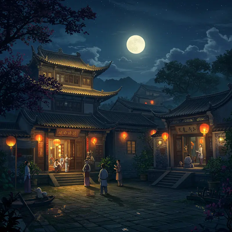 Ngôi làng Trung Quốc truyền thống dưới ánh trăng tròn rằm.