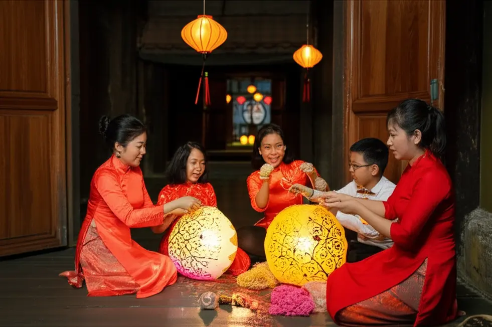 Gia đình làm lồng đèn Trung Thu truyền thống.