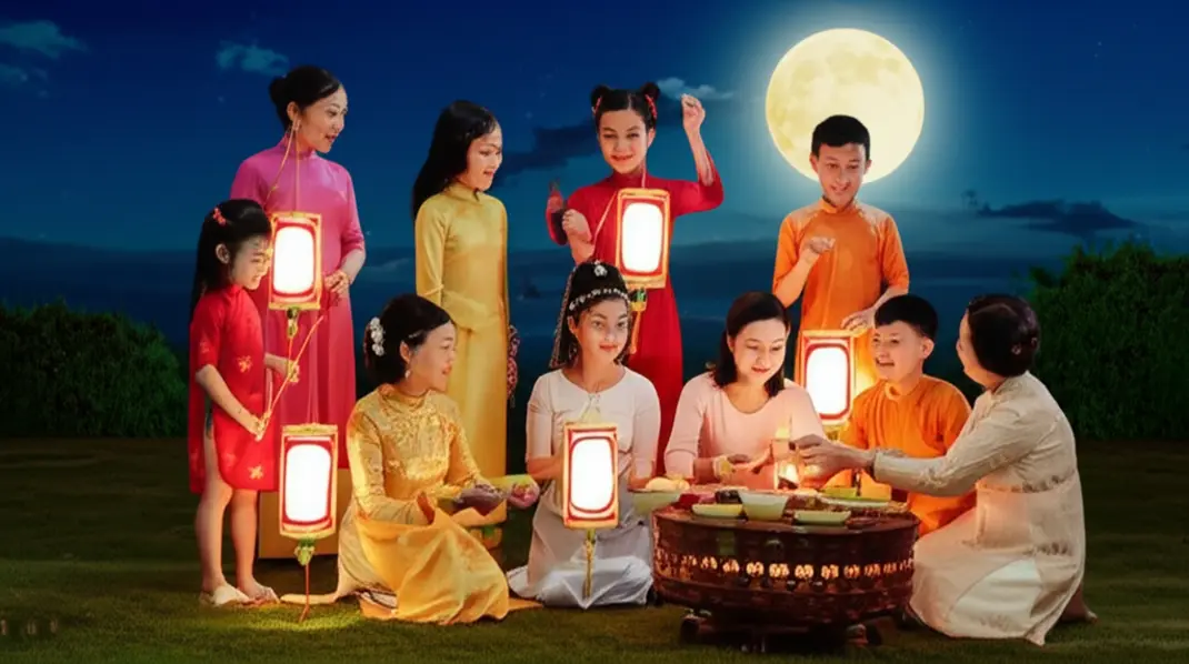 Gia đình Việt Nam đang chuẩn bị bánh Trung Thu dưới ánh trăng rằm.