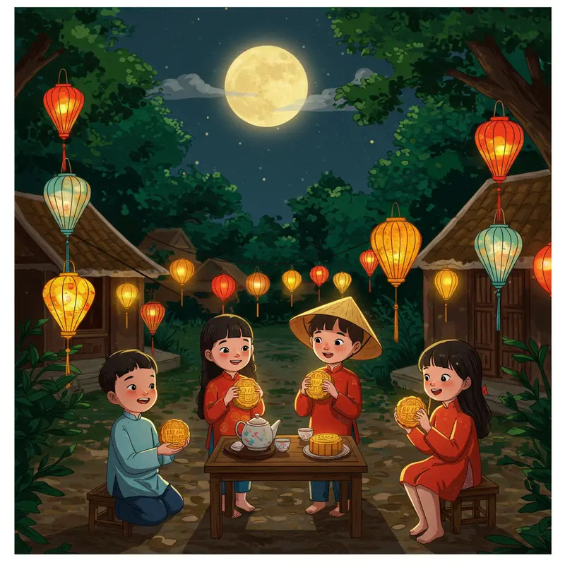 Trẻ em Việt Nam rước đèn Trung Thu dưới ánh trăng rằm truyền thống