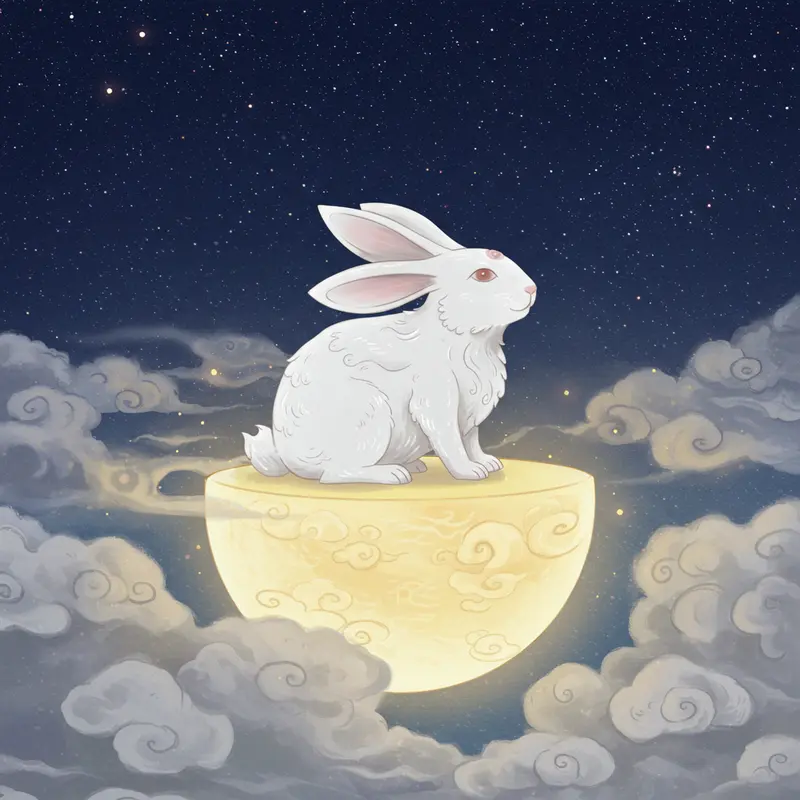 Minh họa Thỏ Ngọc trên cung trăng theo phong cách tranh truyền thống Á Đông.
