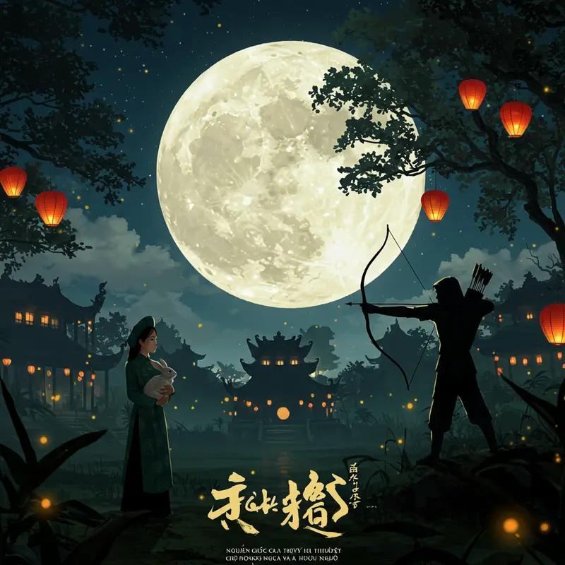 Bối cảnh làng cổ Việt Nam dưới ánh trăng tròn huyền ảo của truyền thuyết Chị Hằng và Hậu Nghệ