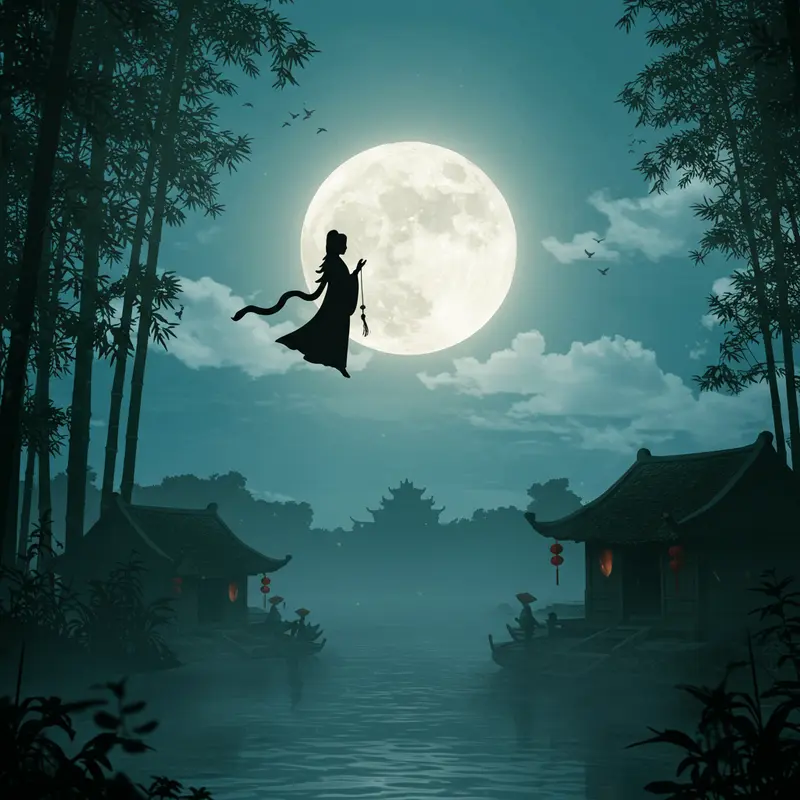 Bức tranh tượng trưng cho nguồn gốc truyền thuyết Chị Hằng với nguyệt quang và làng quê Việt Nam.