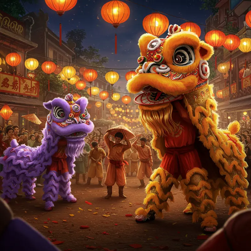 Múa lân truyền thống Việt Nam biểu diễn trong lễ hội sôi động.