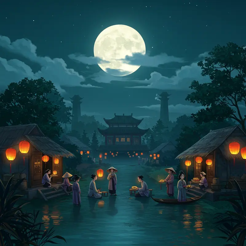 Khung cảnh lễ hội trăng rằm với trăng tròn và người dân tổ chức nghi lễ truyền thống dưới ánh trăng.