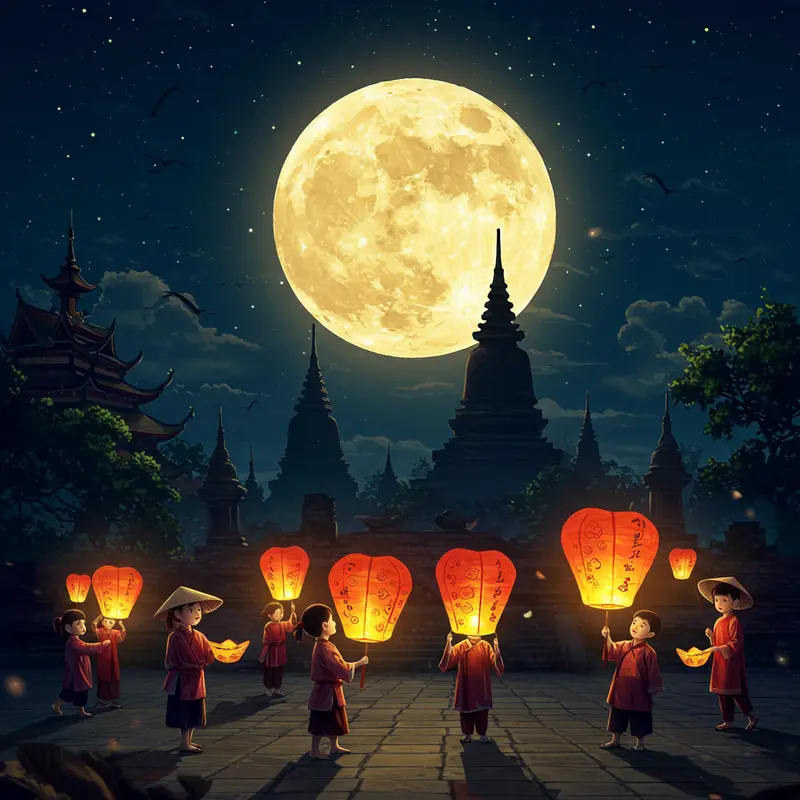 Nguồn gốc và ý nghĩa Tết Trung Thu qua hình ảnh trăng tròn và đèn lồng truyền thống