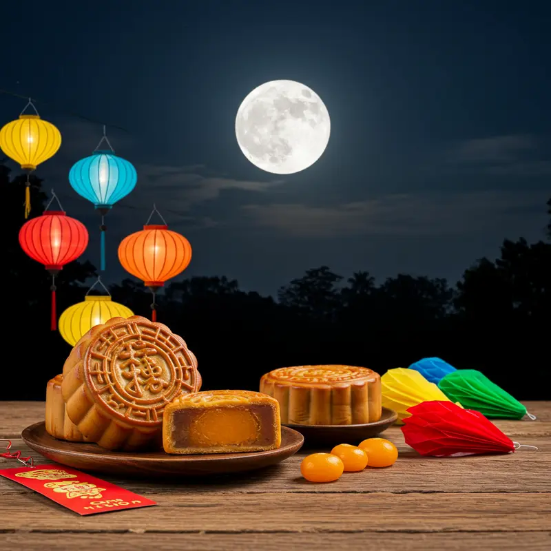 Bánh trung thu truyền thống và đèn lồng màu sắc dưới ánh trăng rằm Trung Thu