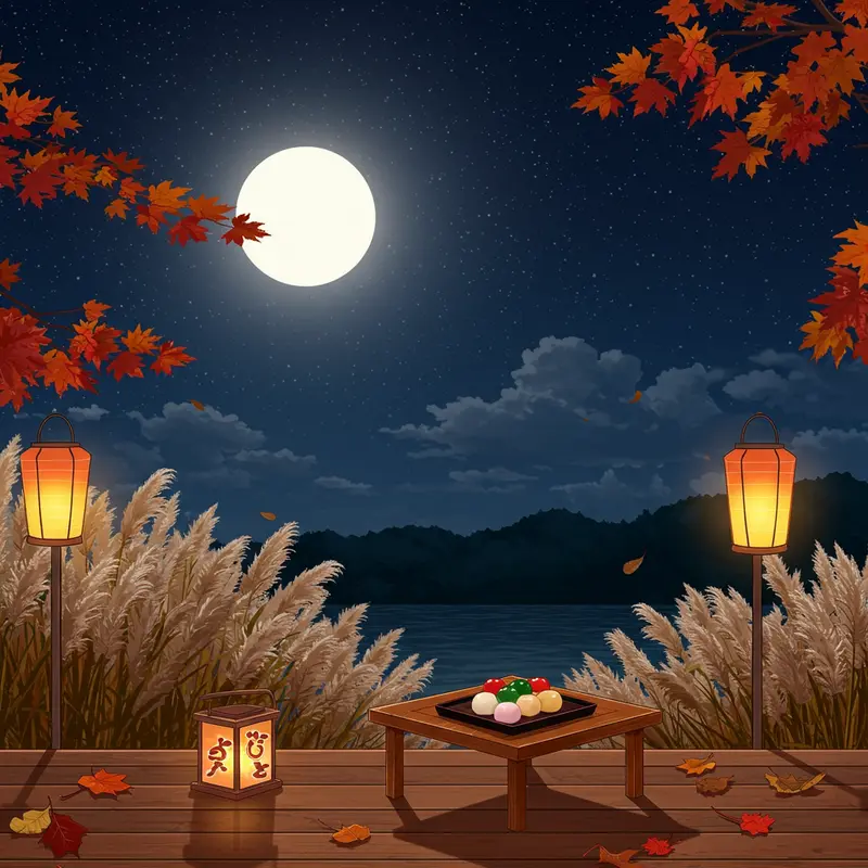 Phong cảnh truyền thống lễ hội Tsukimi với trăng tròn, cỏ lau và bánh dango.
