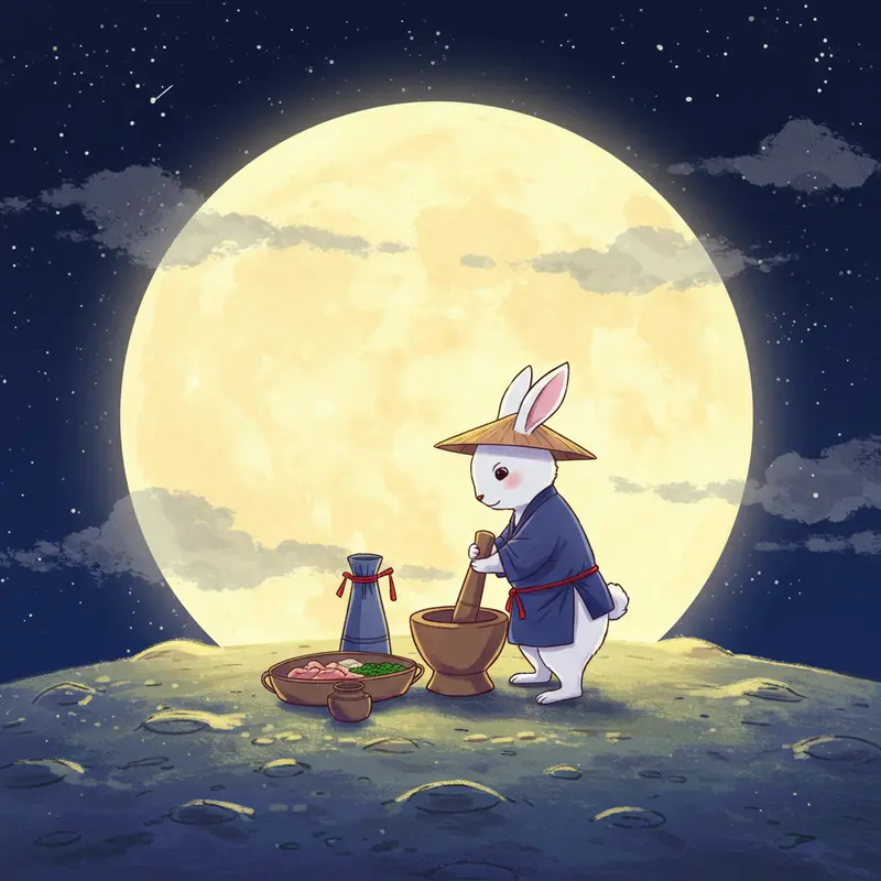 Minh họa Thỏ Ngọc trên cung trăng theo phong cách tranh truyền thống Á Đông.