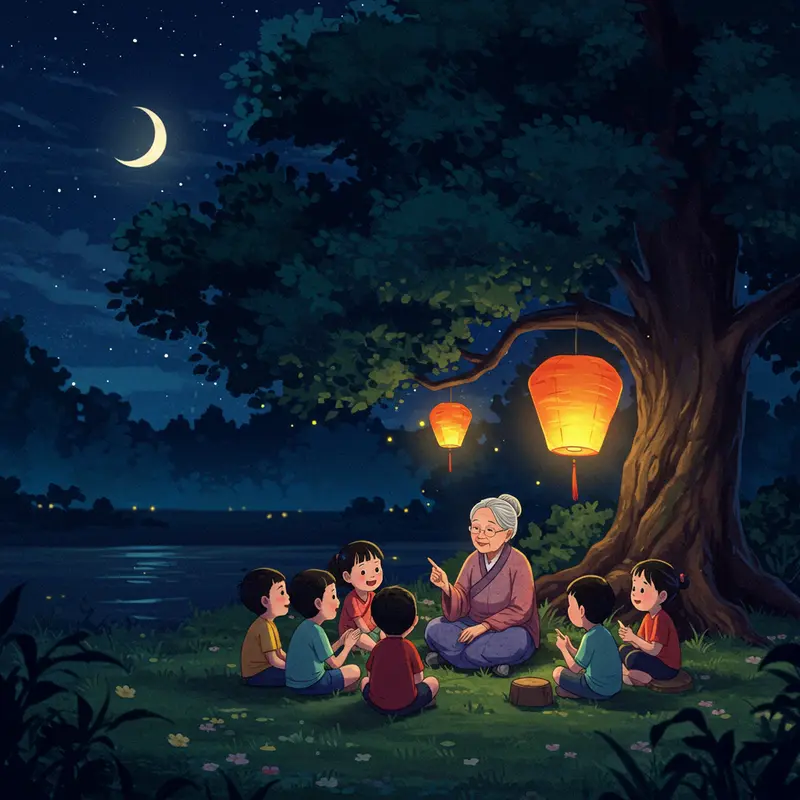 Trẻ em rước đèn trong Tết Trung Thu truyền thống dưới ánh trăng tròn.