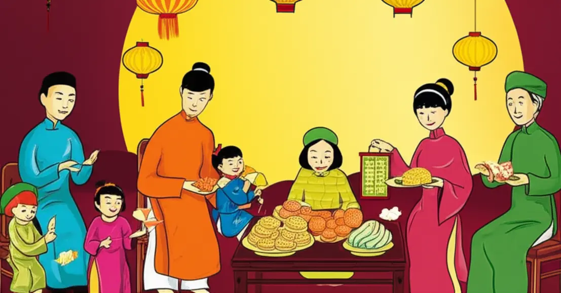 Bức tranh lịch sử về gia đình Việt Nam mừng Tết Trung Thu.