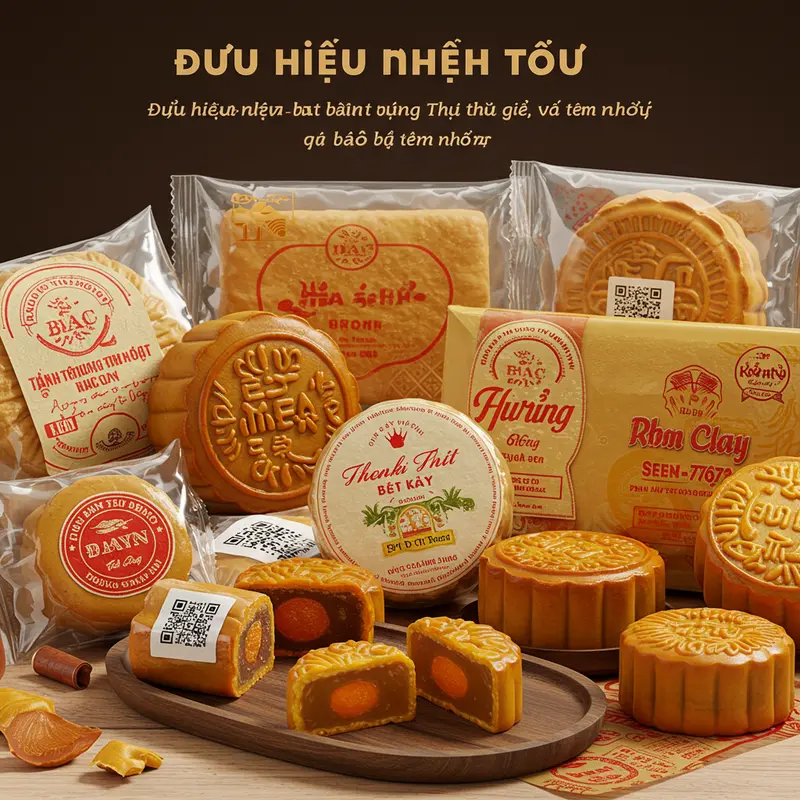 Bao bì bánh Trung Thu với tem nhãn và mã QR dùng để kiểm tra nguồn gốc sản phẩm.