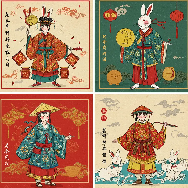 Minh họa Thỏ Ngọc trên cung trăng theo phong cách tranh truyền thống Á Đông.