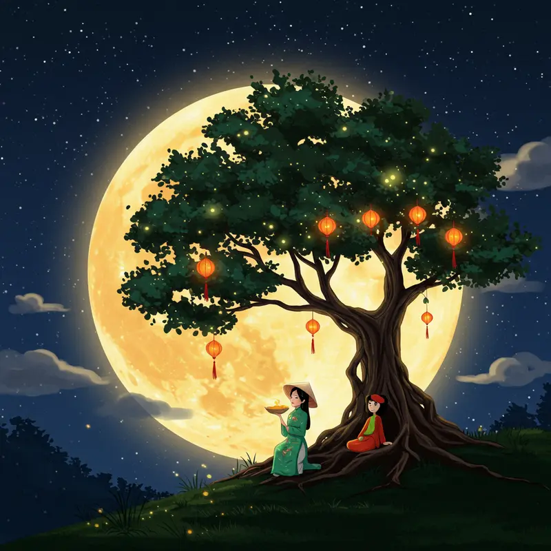 Bức tranh tượng trưng cho nguồn gốc truyền thuyết Chị Hằng với nguyệt quang và làng quê Việt Nam.