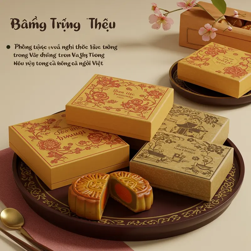 Bánh Trung Thu truyền thống Việt Nam với đèn lồng và trang trí Tết Trung Thu.