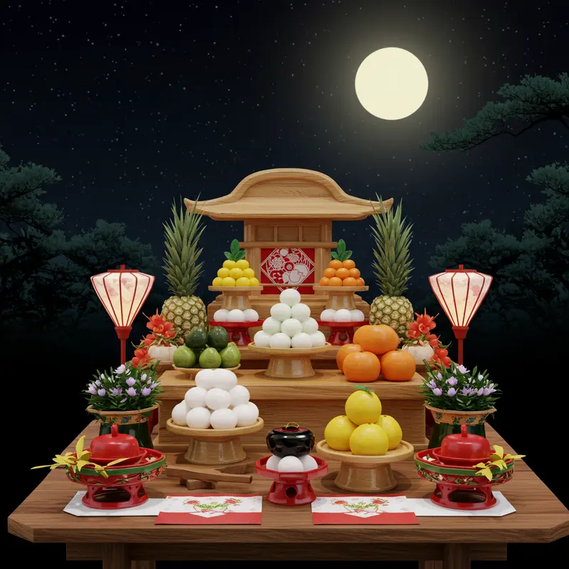 Phong cảnh truyền thống lễ hội Tsukimi với trăng tròn, cỏ lau và bánh dango.