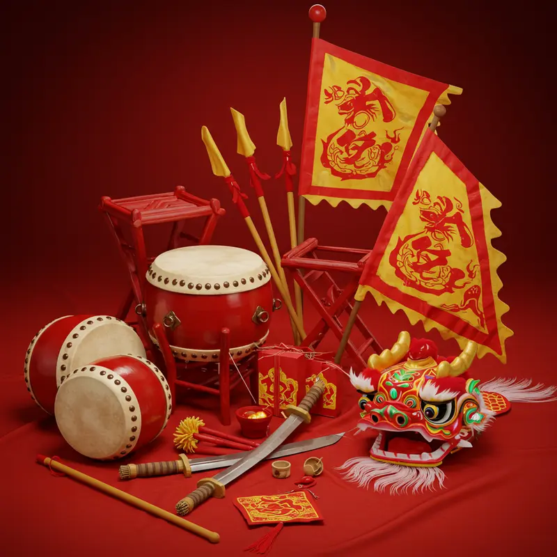 Các bộ phận cấu thành trang phục múa lân truyền thống.