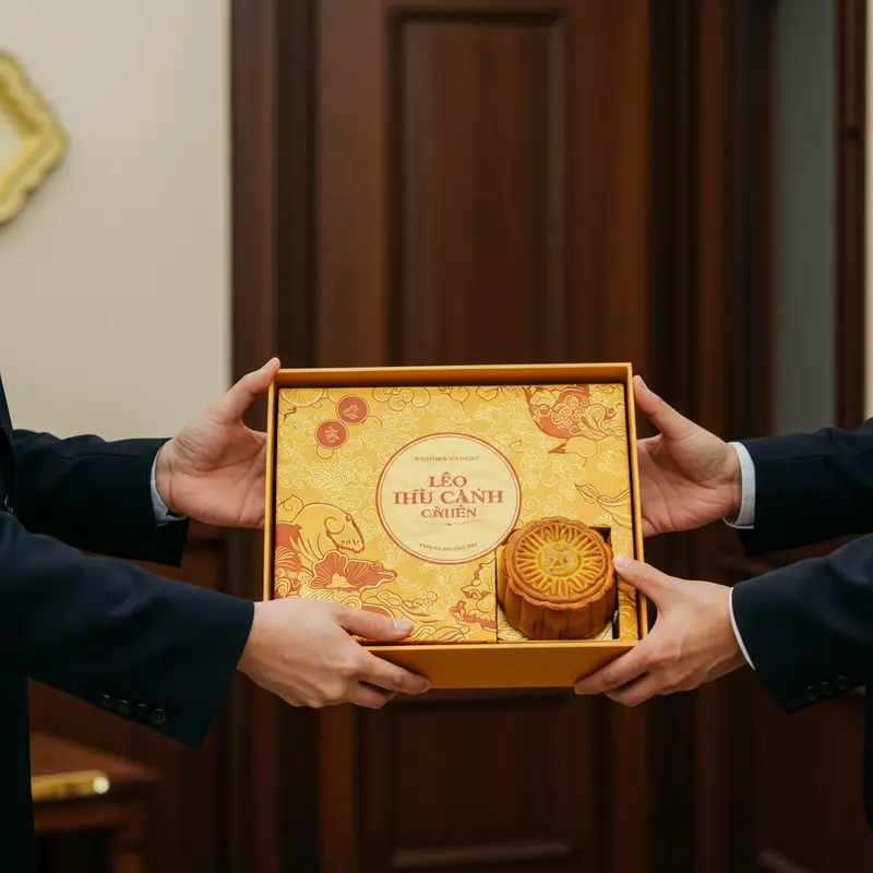 Hộp bánh Trung Thu cao cấp trong bối cảnh lễ hội Trung Thu truyền thống.